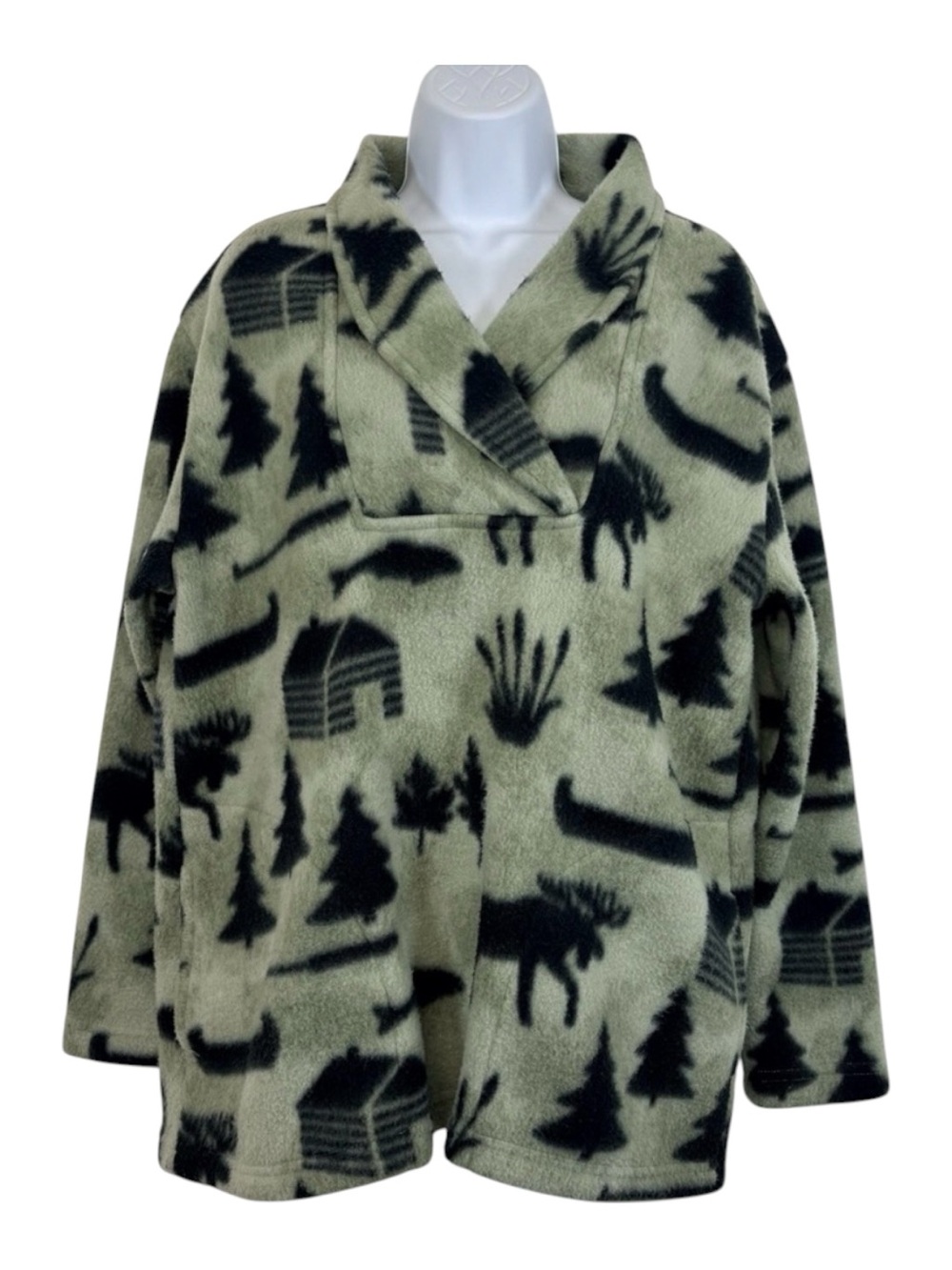 Ariel Woodland Moose Cabin Fleece Pullover Jacket Medium